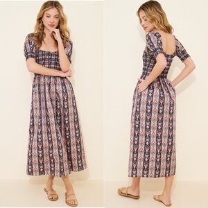 Hill House Midi Dress in Navy and Blush Geometric Print